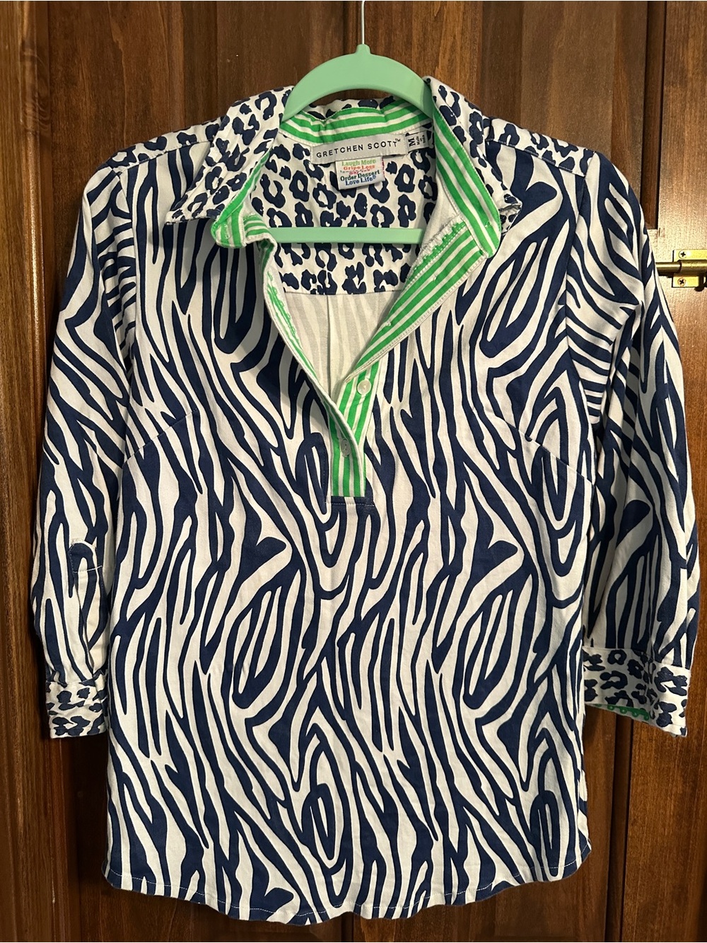 Gretchen Scott Designs Navy and White Zebra-Print Tunic with Green Trim